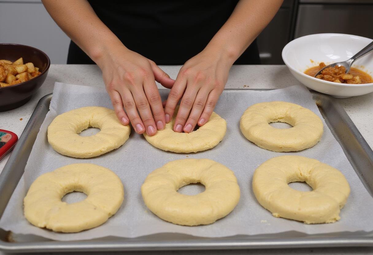 Shaping apple bagels on a baking sheet, highlighting the preparation process for these delicious treats.