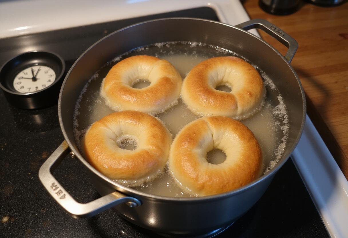 Boiling apple bagels in water, an essential step in achieving the perfect texture.