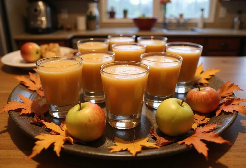 Stunning presentation of apple pie shooter cocktails on a tray with decorative elements in a warm kitchen.