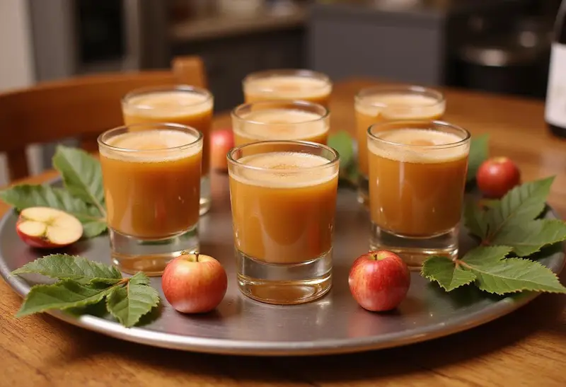 Stunning presentation of apple pie shooter cocktails on a tray with decorative elements in a warm kitchen.