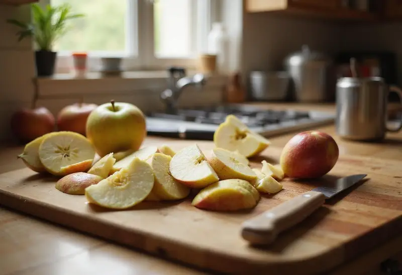 Slicing fresh apples for apple pie shooter cocktail preparation with cozy kitchen backdrop.