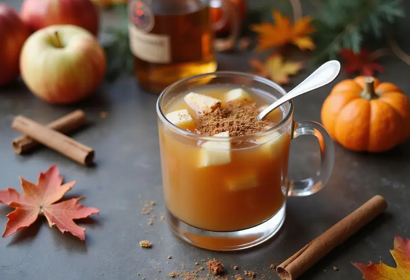 Mixing apple cider, cinnamon, and whiskey for apple pie shooter cocktail in a beautifully arranged kitchen.
