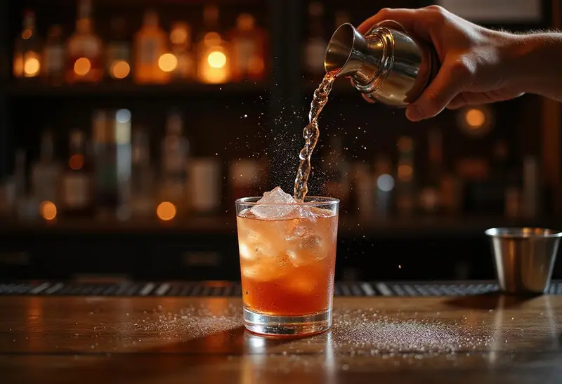 Cocktail shaker being shaken for apple pie shooter cocktail amidst a festive bar atmosphere.