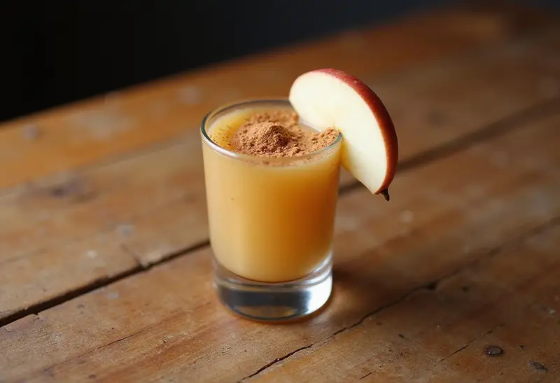 Beautifully garnished apple pie shooter cocktail in a shot glass on a rustic wooden table.