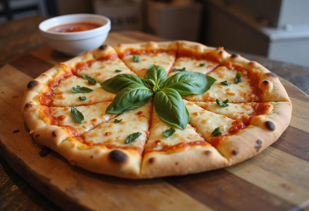 Final presentation of BC St. Ignace pizza, freshly baked and served with garnishes, perfect for enjoying a slice.