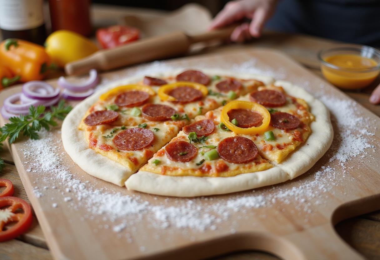 Delicious BC St. Ignace pizza dough preparation with fresh toppings including bell peppers, onions, and pepperoni.