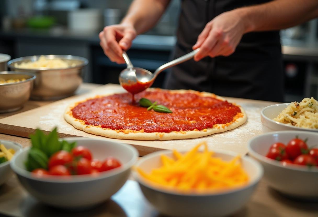 Sauce preparation for BC St. Ignace pizza, showing a chef skillfully applying tomato sauce to the dough with fresh ingredients at hand.