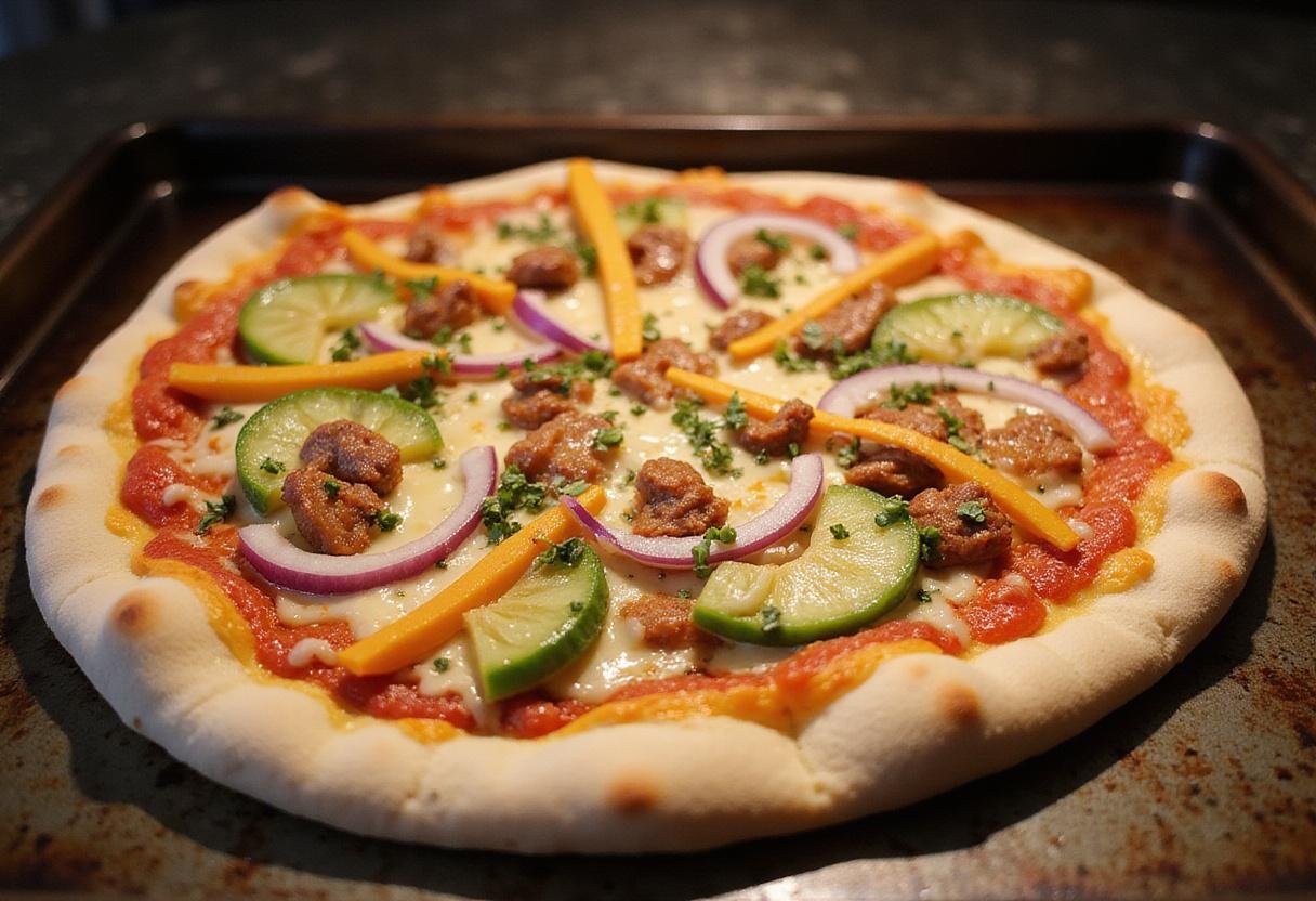 BC St. Ignace pizza topped with cheese and fresh ingredients, prepared to bake in the oven.
