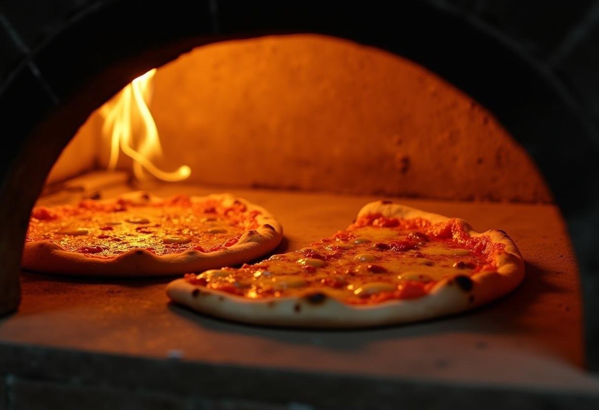 Baking process of BC St. Ignace pizza in an oven, highlighting the melting cheese and toppings.