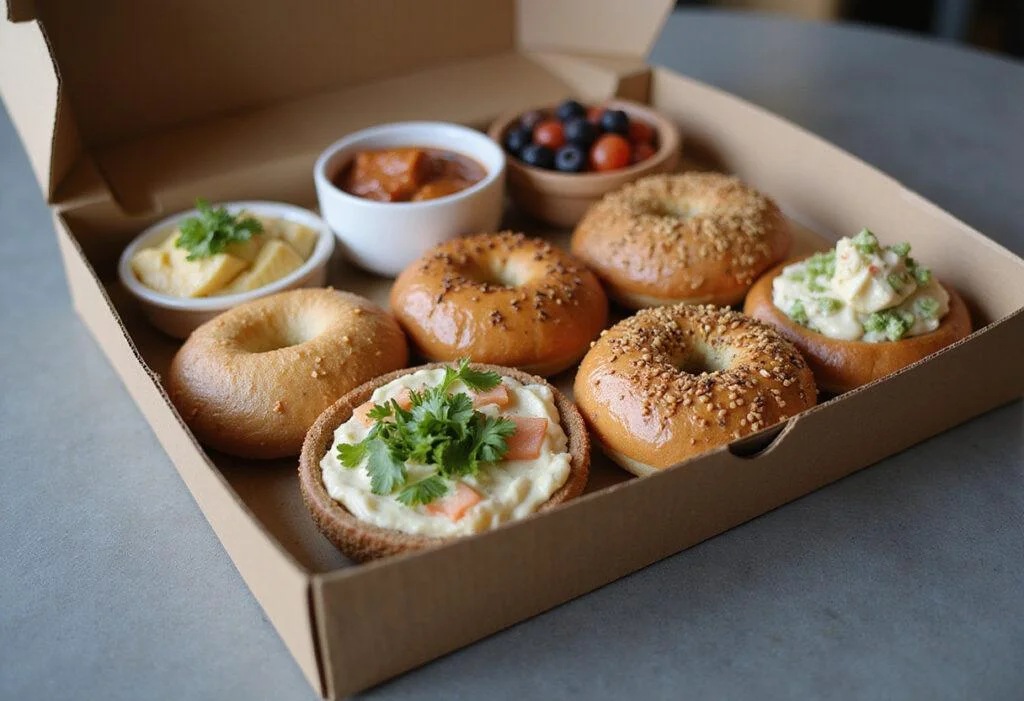 An exquisite display of bagel boxes ready to serve, highlighting the vibrant assortment of flavors and textures.