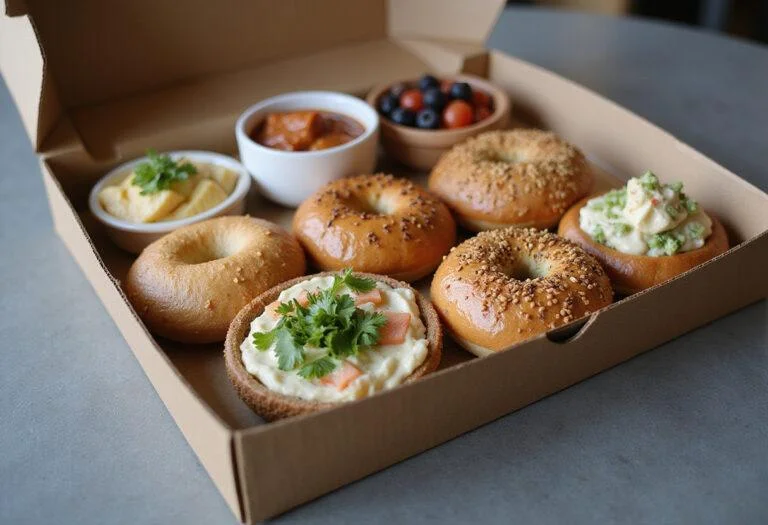 An exquisite display of bagel boxes ready to serve, highlighting the vibrant assortment of flavors and textures.