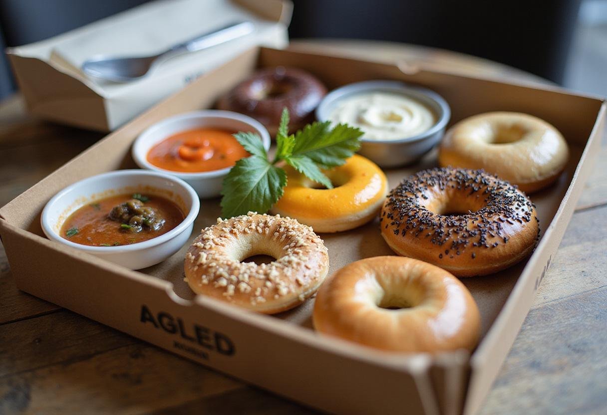 An exquisite display of bagel boxes ready to serve, highlighting the vibrant assortment of flavors and textures.