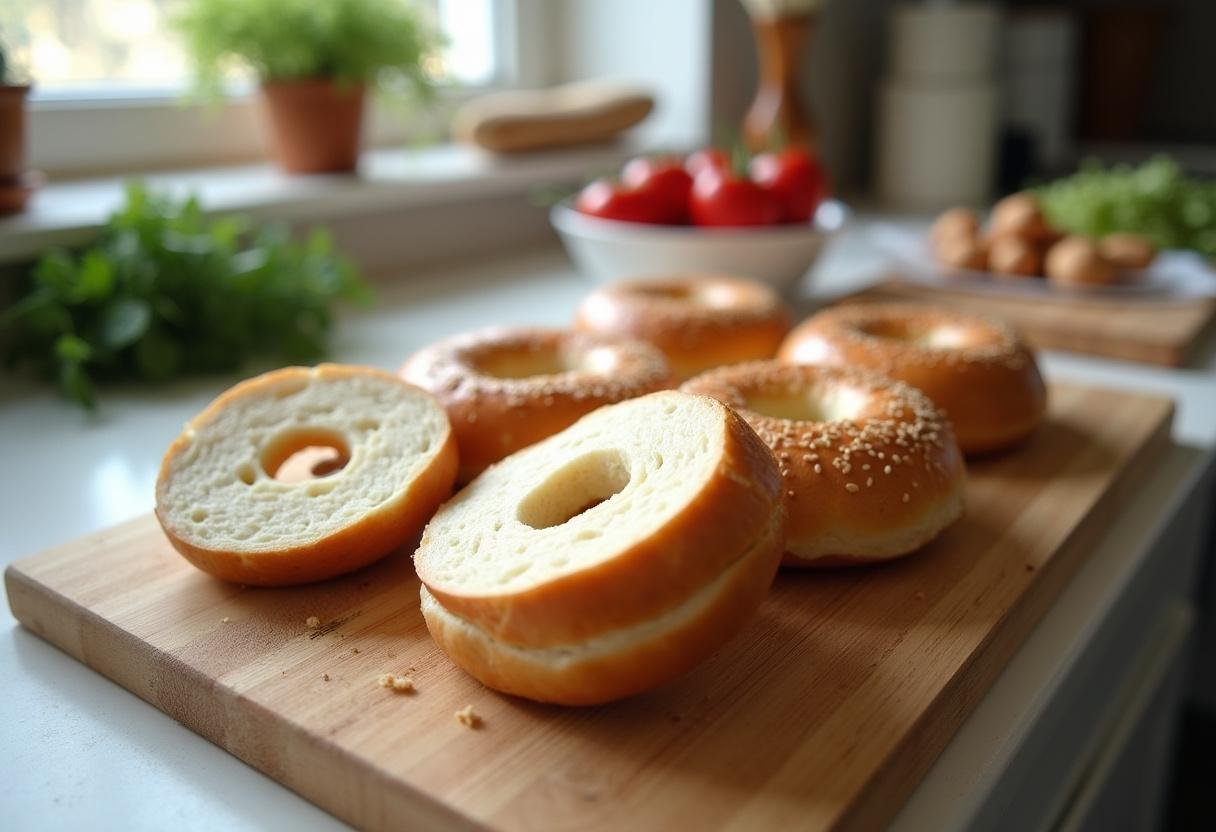 Fresh bagels being prepared for bagel boxes, showcasing the slicing process in a bright kitchen.