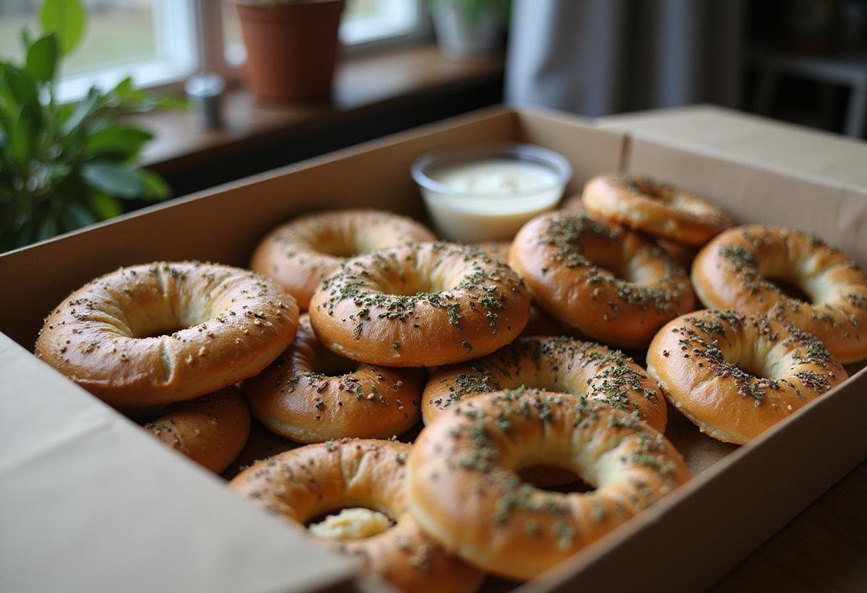 A beautifully presented bagel box filled with flavorful bagels and dips, perfect for entertaining or a meal on the go.