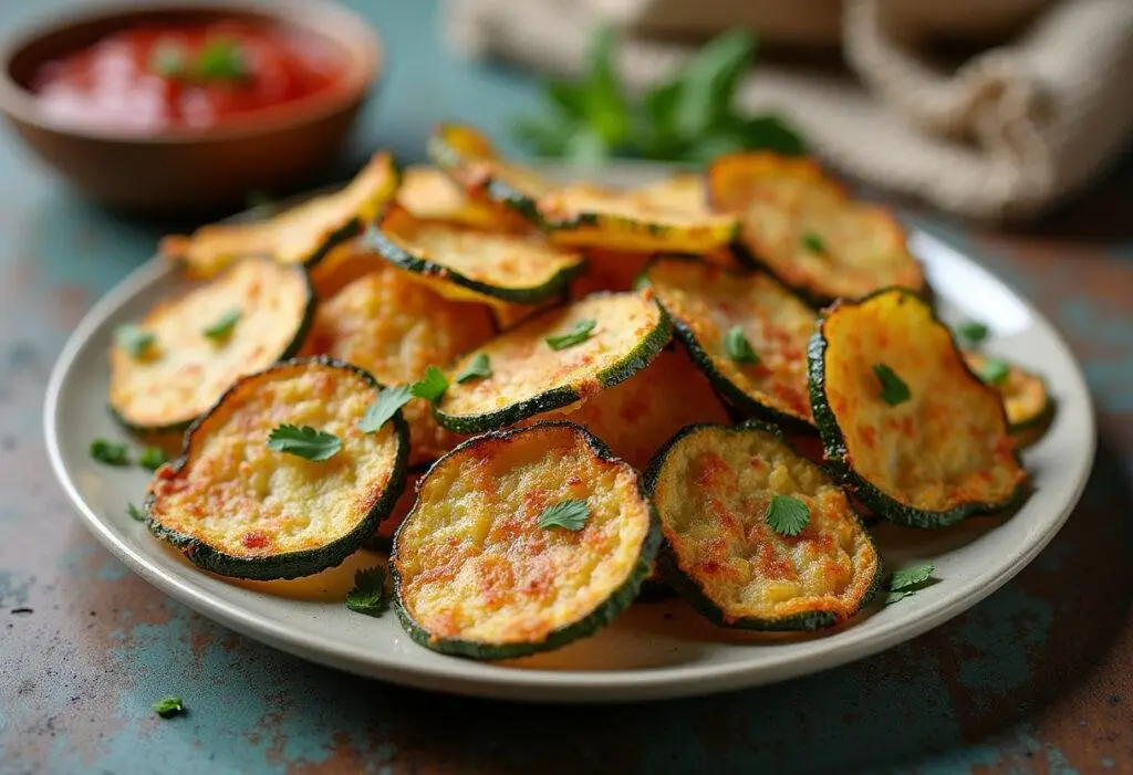Crispy Baked Parmesan Zucchini Chips served with marinara sauce, a delicious snack or appetizer.