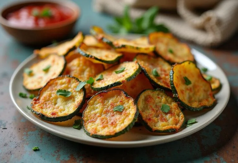 Crispy Baked Parmesan Zucchini Chips served with marinara sauce, a delicious snack or appetizer.
