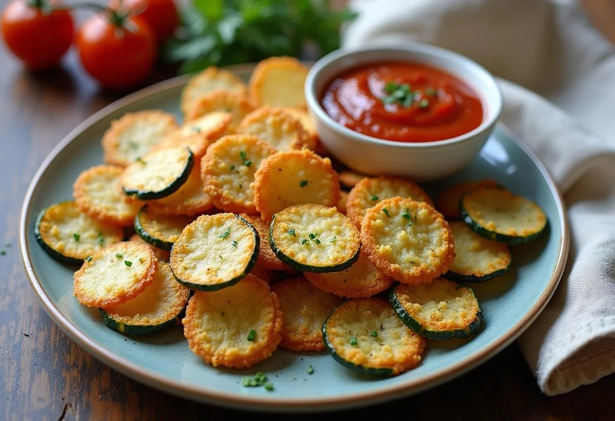 Crispy Baked Parmesan Zucchini Chips served with marinara sauce, a delicious snack or appetizer.