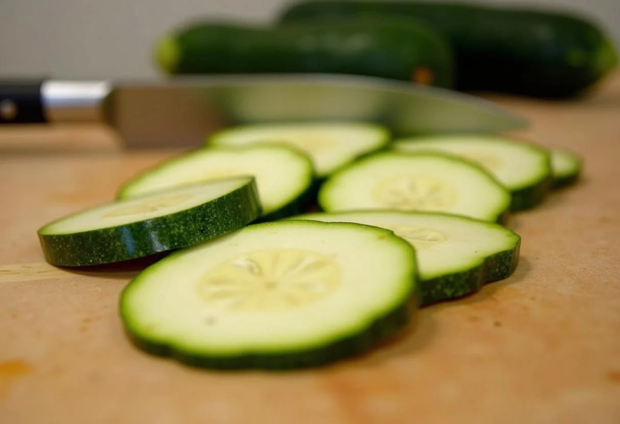 Fresh zucchini sliced into rounds for Baked Parmesan Zucchini Chips recipe.