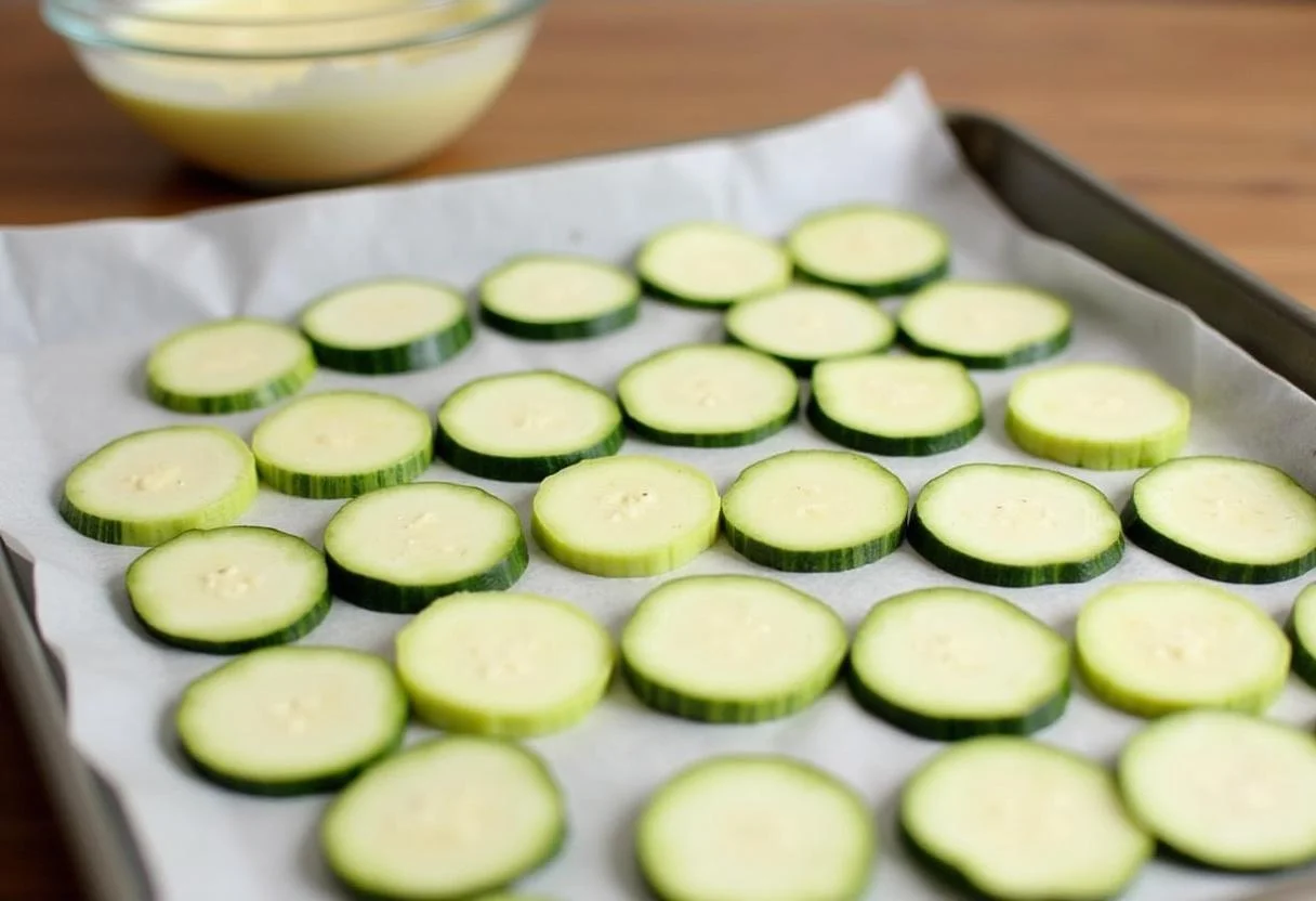Sliced zucchini arranged on a baking sheet for Baked Parmesan Zucchini Chips before baking.