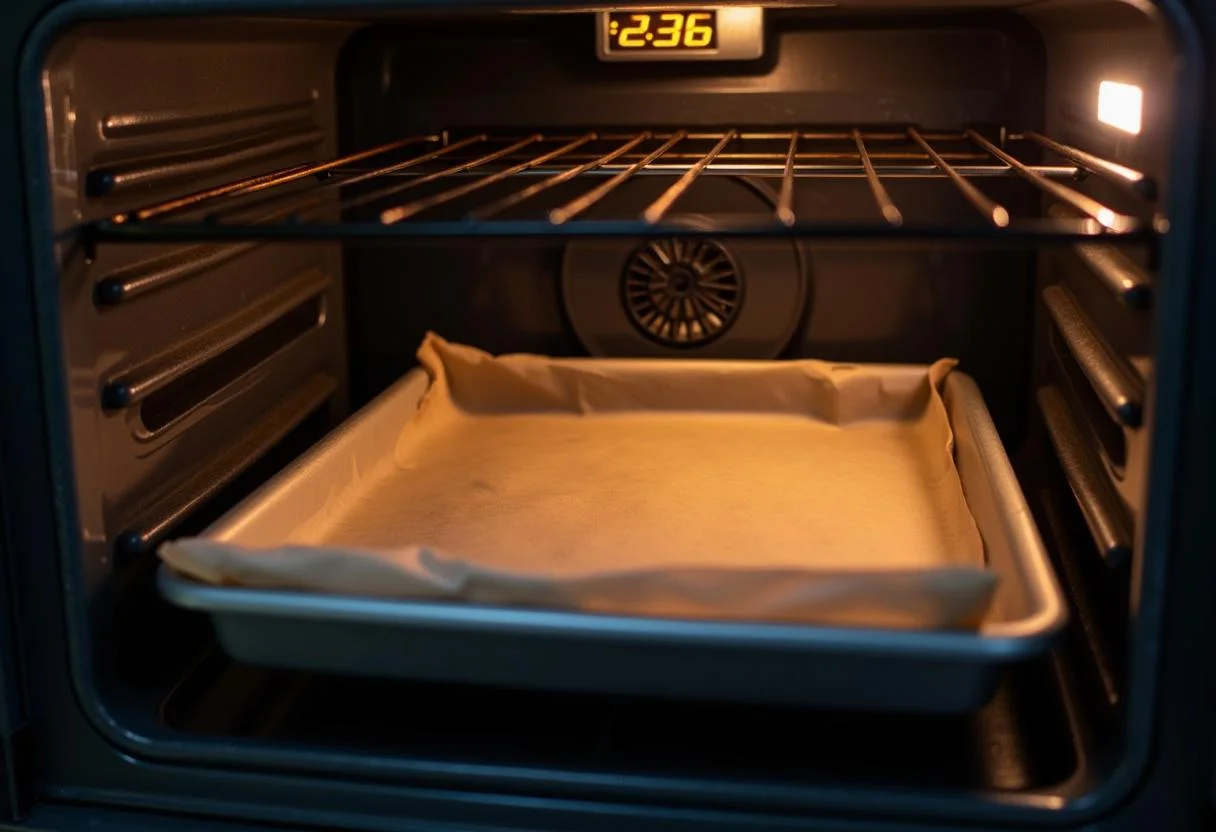 Baking sheet of zucchini chips being placed in the oven to bake for Baked Parmesan Zucchini Chips.