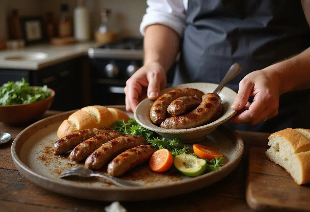Chef plating delicious beef sausage links with grilled vegetables in a rustic kitchen setting for a perfect meal.
