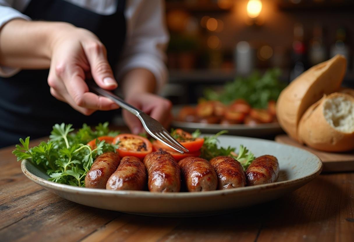 Chef plating delicious beef sausage links with grilled vegetables in a rustic kitchen setting for a perfect meal.