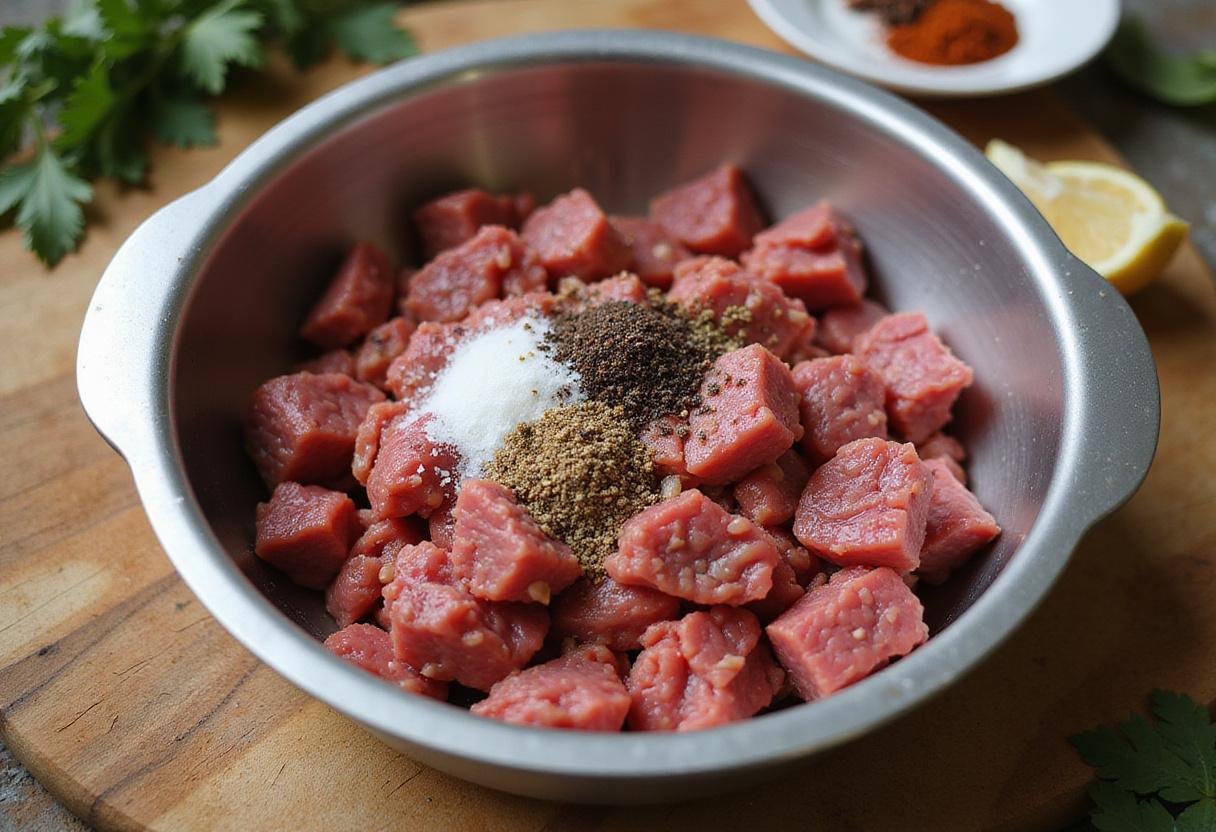 Freshly ground beef mixed with spices for beef sausage links preparation, showcasing ingredients on a wooden cutting board.