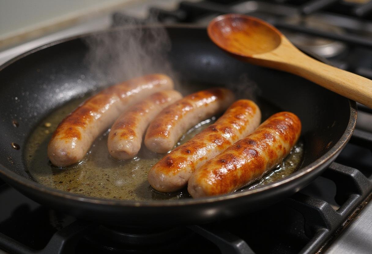 Sizzling beef sausage links cooking in a skillet, creating a tasty aroma in a home kitchen setting.