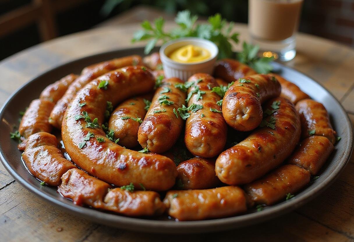 Deliciously cooked beef sausage links served on a platter with herbs and mustard, highlighting a hearty meal.
