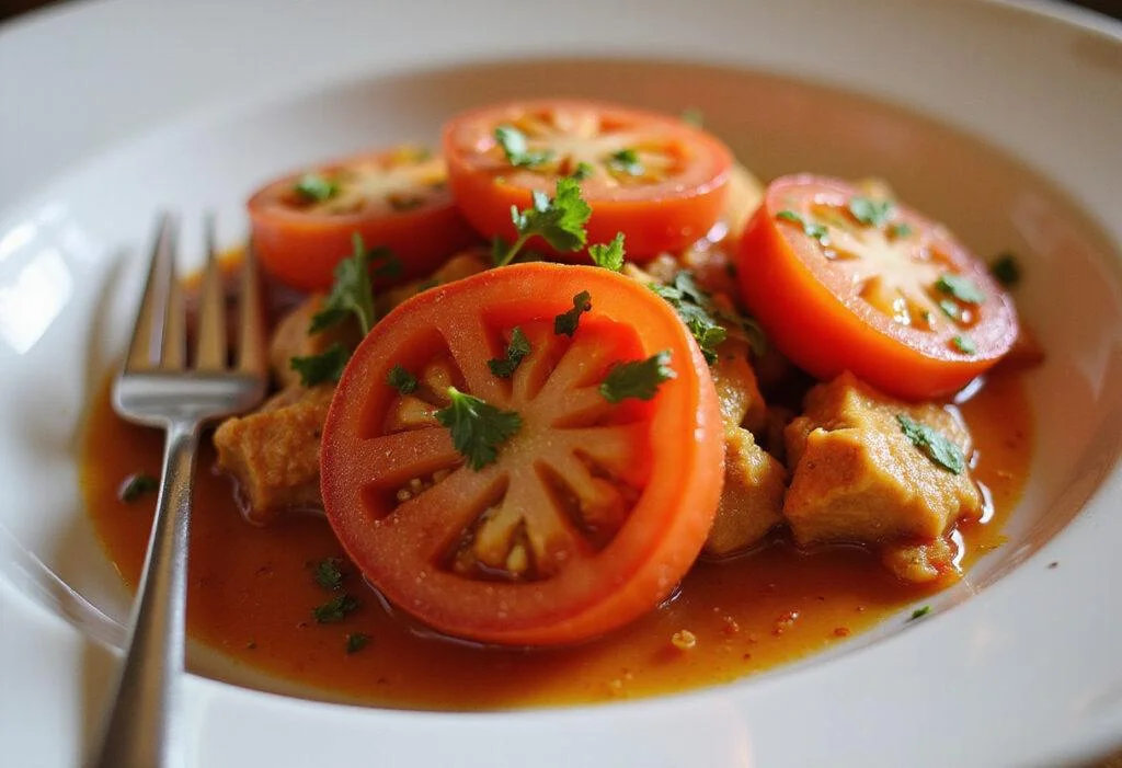 Final presentation of a Big Boy tomato treat, highlighting the exquisite blend of colors and flavors, perfect for a delightful dining experience.