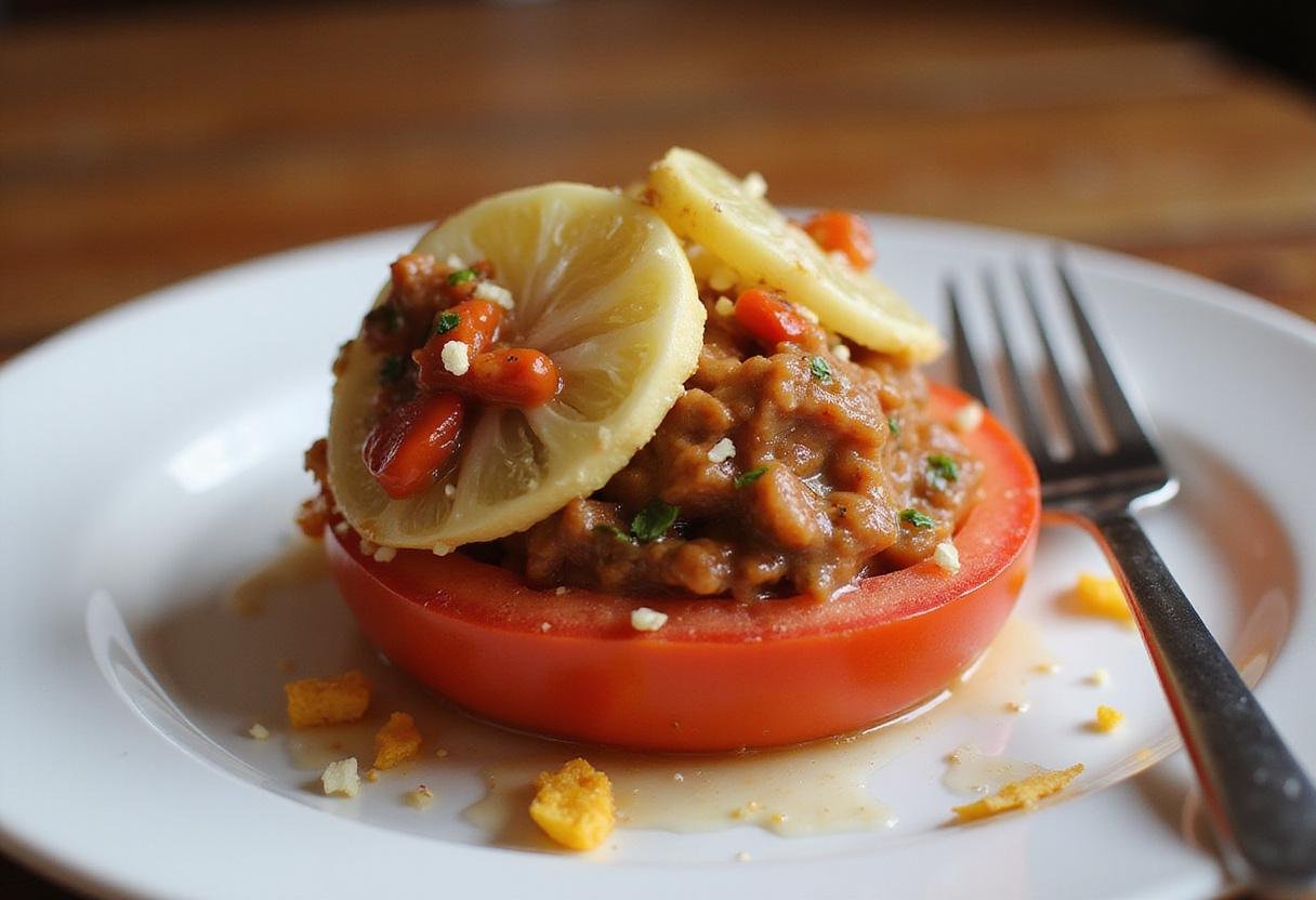 Final presentation of a Big Boy tomato treat, highlighting the exquisite blend of colors and flavors, perfect for a delightful dining experience.
