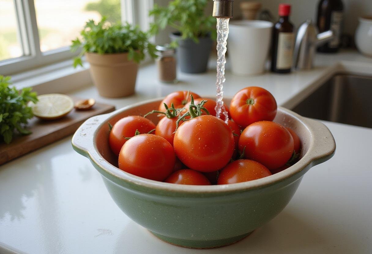 Fresh Big Boy tomatoes being washed in a kitchen, preparing for a delicious tomato treat, vibrant and fresh ingredients showcased.