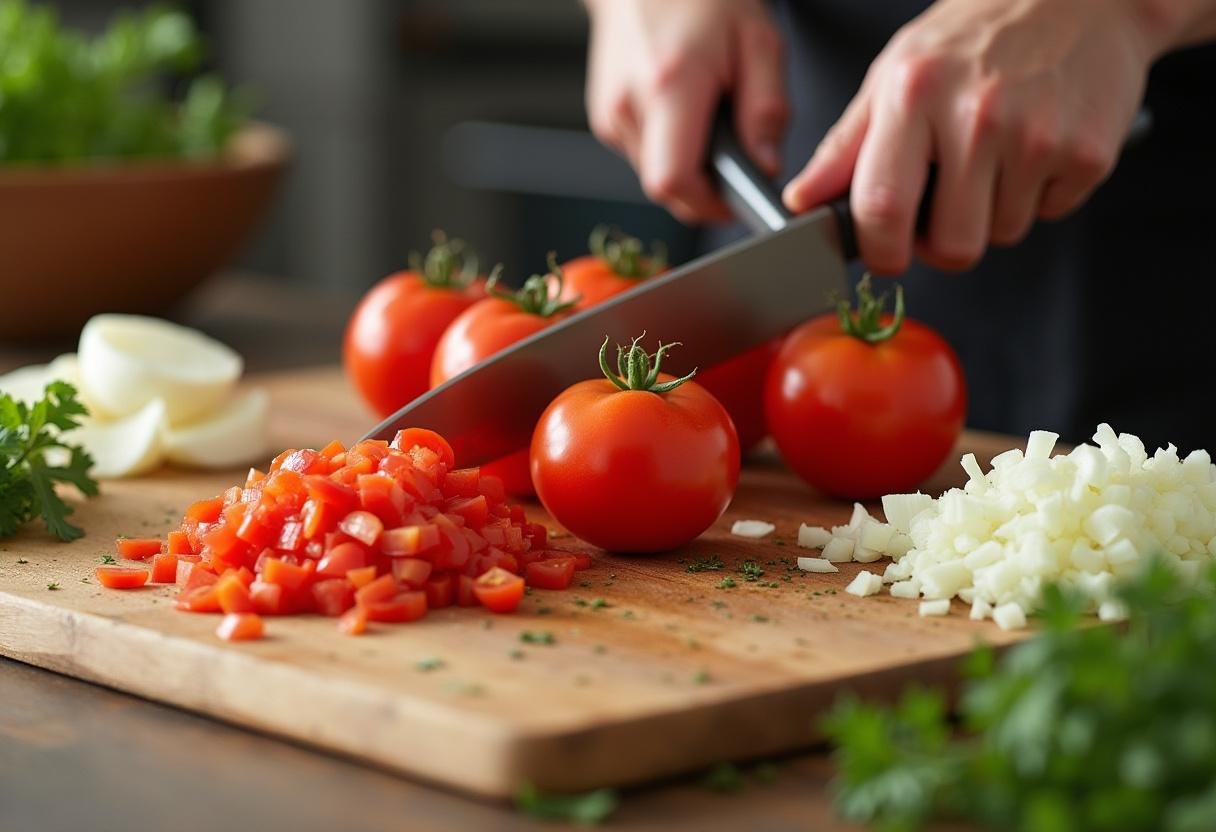 Freshly chopped Big Boy tomatoes alongside onions and garlic, showcasing the preparation process for a hearty tomato dish in a bustling kitchen.