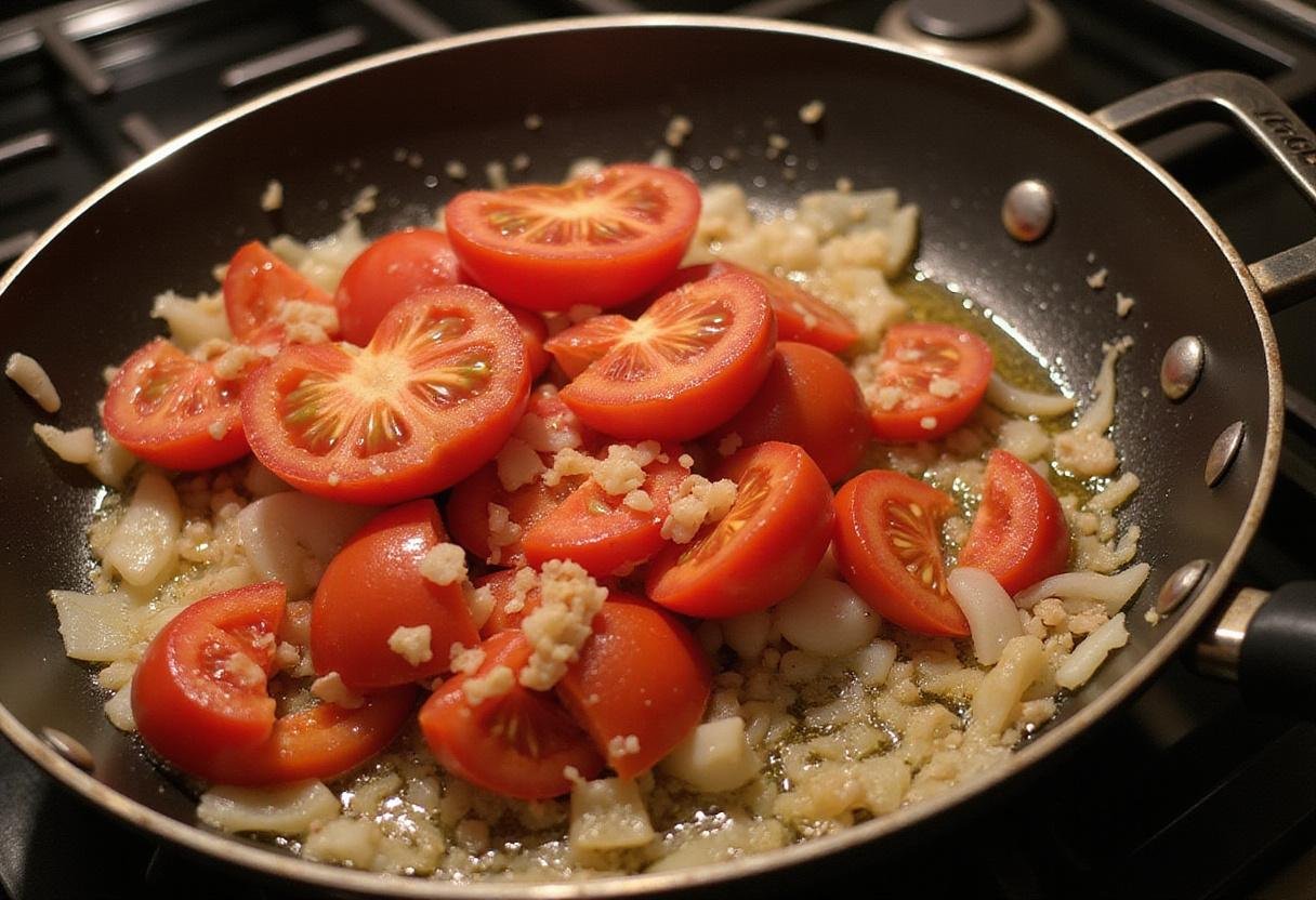 Tomatoes and onions sizzling in a skillet, highlighting the cooking process of a savory Big Boy tomato treat in a modern kitchen setting.