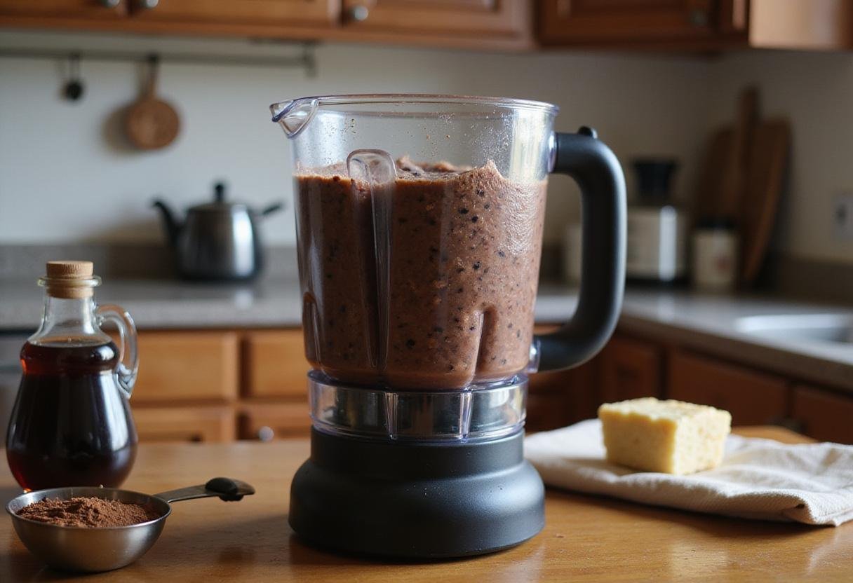Smooth black bean puree being prepared for a delicious black bean brownie batter treat in a warm kitchen setting.
