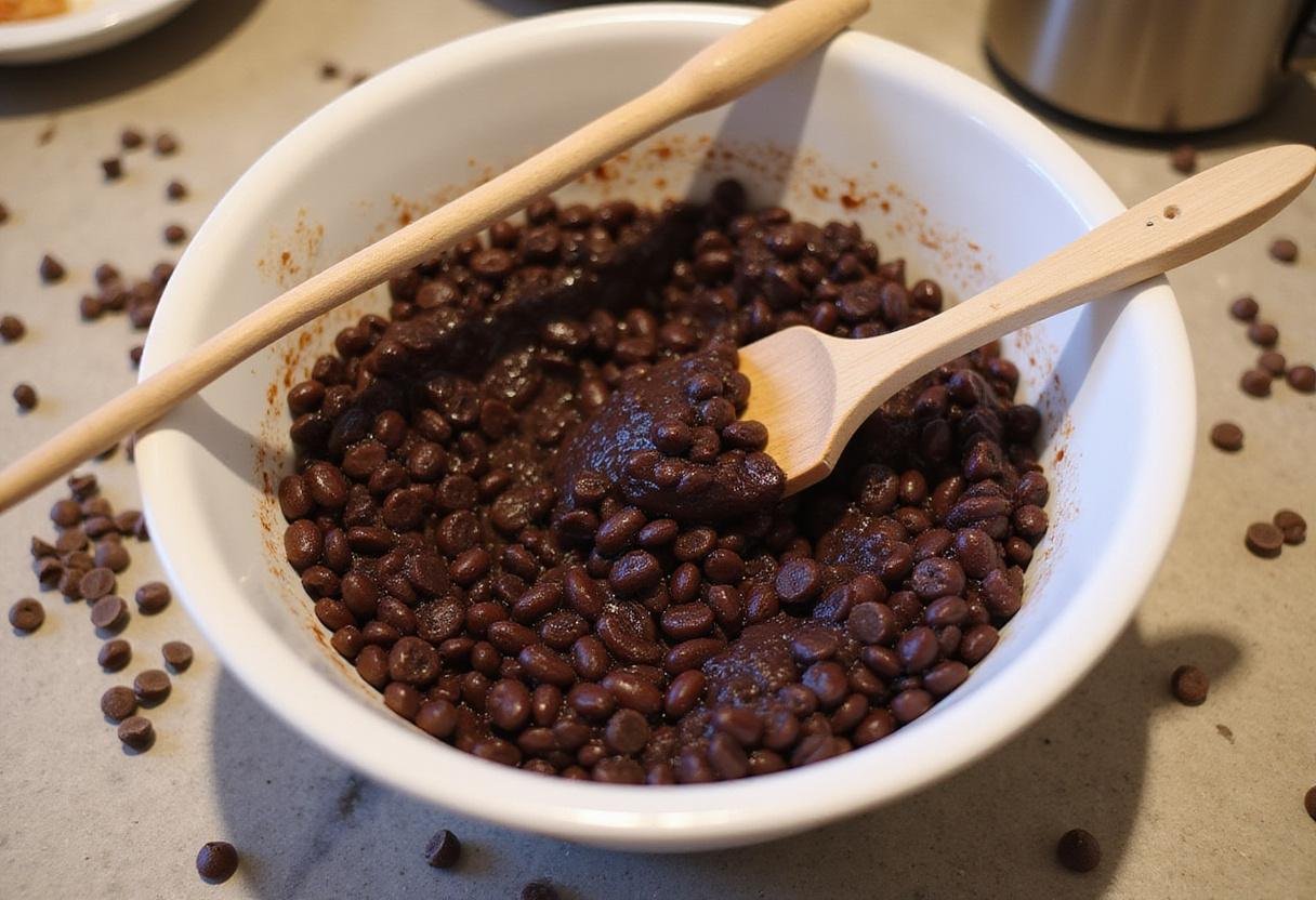 Mixing the black bean brownie batter ingredients in a bowl, ready to bake a rich and fudgy dessert treat.