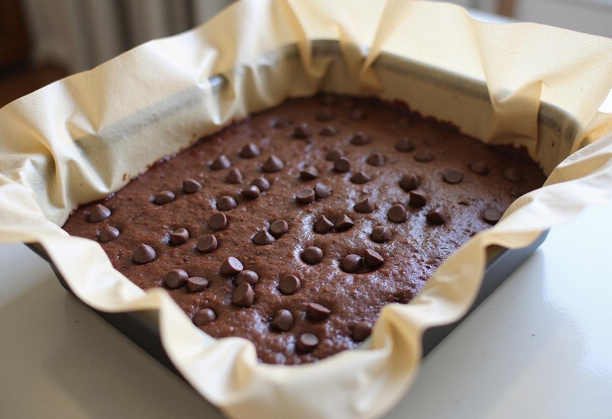 Preparing to bake the rich black bean brownie batter in a parchment-lined baking dish for a healthy dessert.