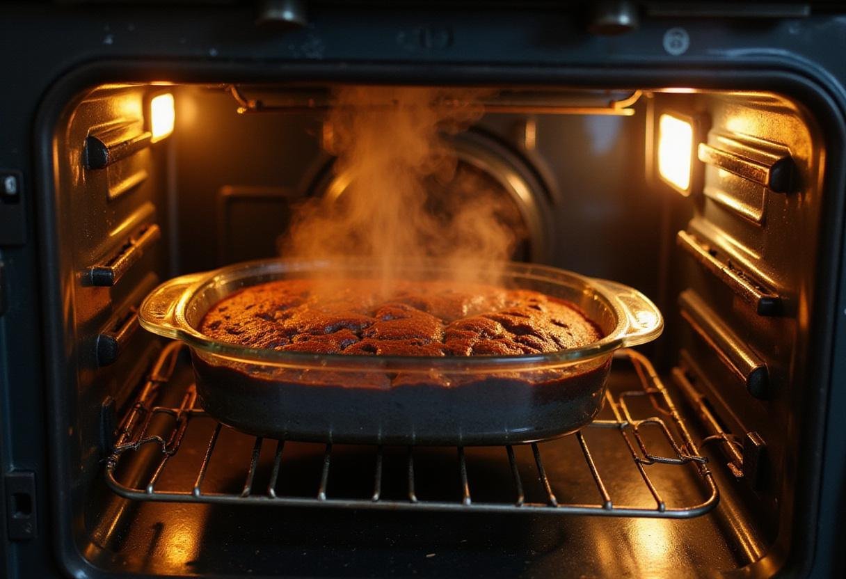 Baking the black bean brownie batter in the oven, creating a healthy, chocolatey dessert anticipation.