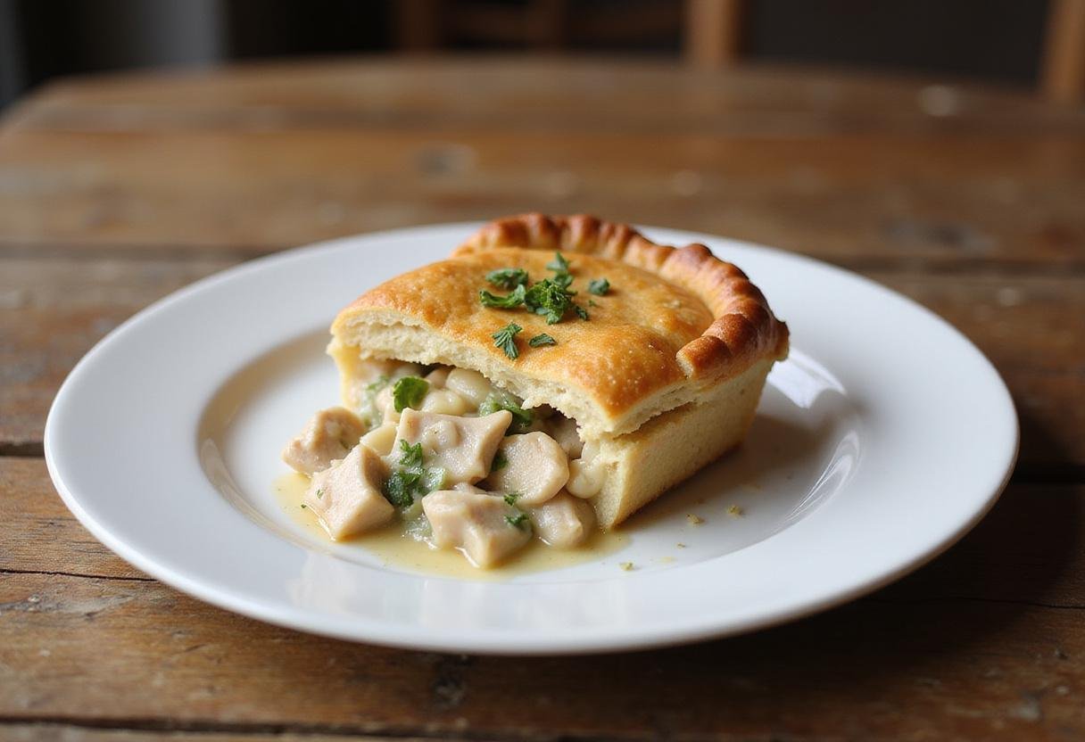 A slice of Blake's all natural frozen chicken pot pie served on a rustic plate, highlighting the fresh ingredients and delicious flavor.