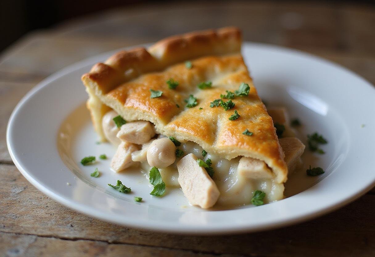 A slice of Blake's all natural frozen chicken pot pie served on a rustic plate, highlighting the fresh ingredients and delicious flavor.