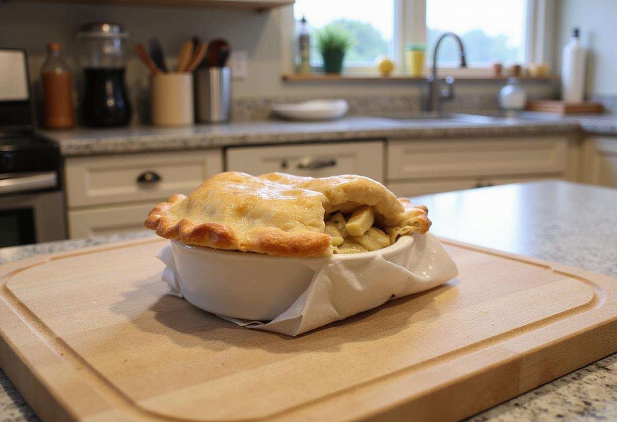 Blake's all natural frozen chicken pot pie being unwrapped on a clean kitchen countertop, perfect for a delicious meal.