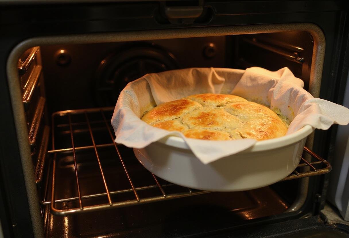 Placing Blake's frozen chicken pot pie into a preheated oven, showcasing the deliciously natural ingredients used in the meal.