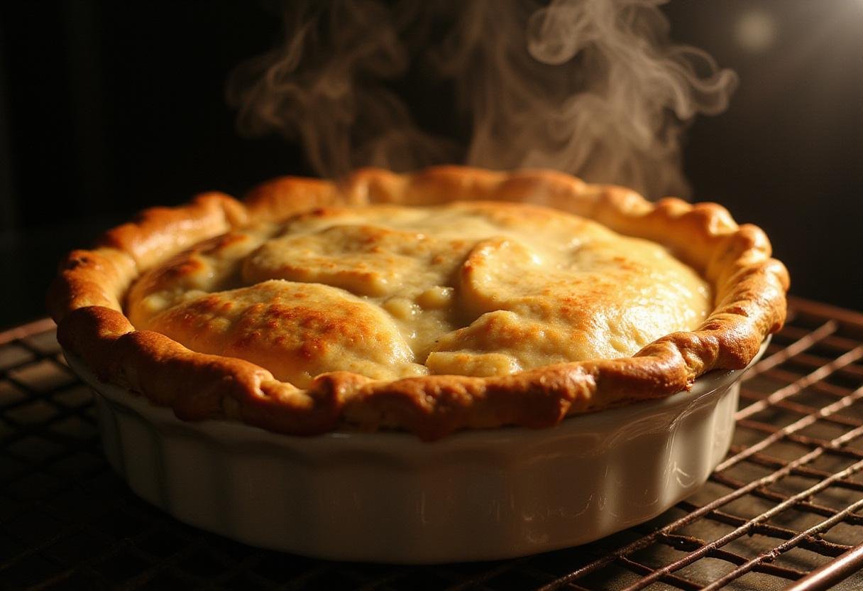 Golden-brown Blake's frozen chicken pot pie resting on a cooling rack, showcasing its mouthwatering appeal and natural ingredients.