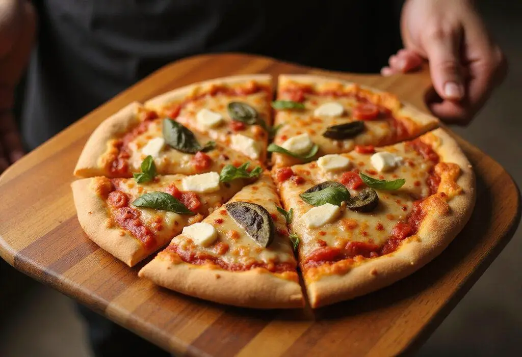 Final display of a perfectly baked Blaze Pizza, showcasing its vibrant toppings and crispy crust, ideal from the Blaze Pizza menu.