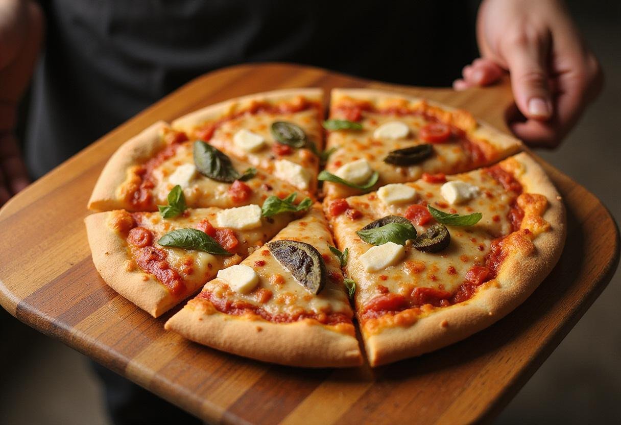 Final display of a perfectly baked Blaze Pizza, showcasing its vibrant toppings and crispy crust, ideal from the Blaze Pizza menu.