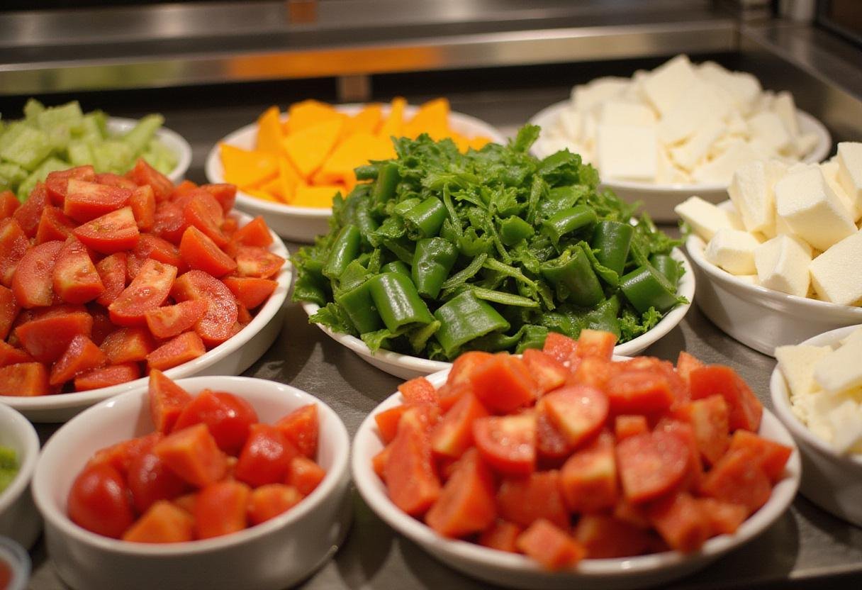 Preparation of fresh toppings for Blaze Pizza, highlighting nutritious ingredients available on Blaze Pizza's customizable menu.