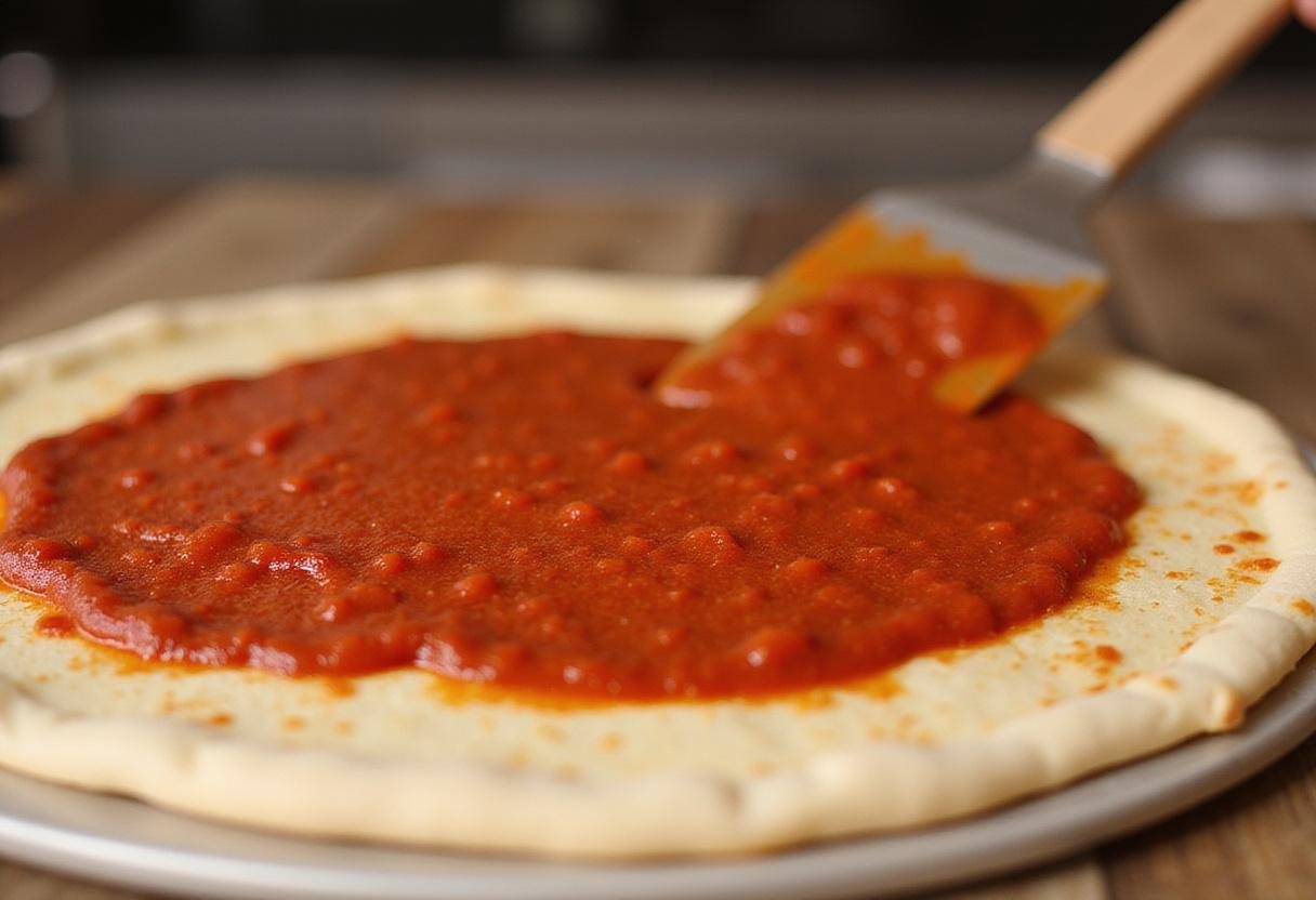 Spreading pizza sauce on dough, an essential step in creating a custom Blaze Pizza that is both delicious and nutritious.