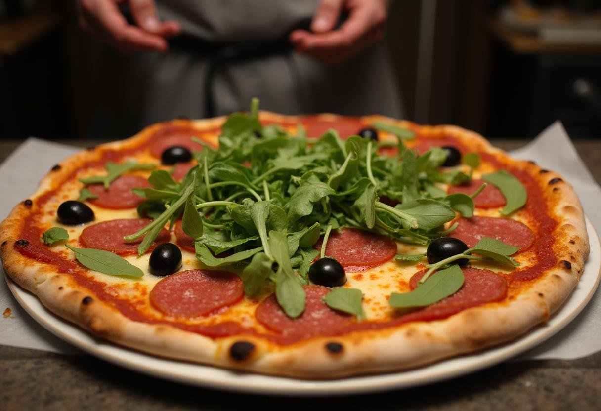 Assembling a custom Blaze Pizza with a colorful array of toppings prior to baking for a satisfying meal option.