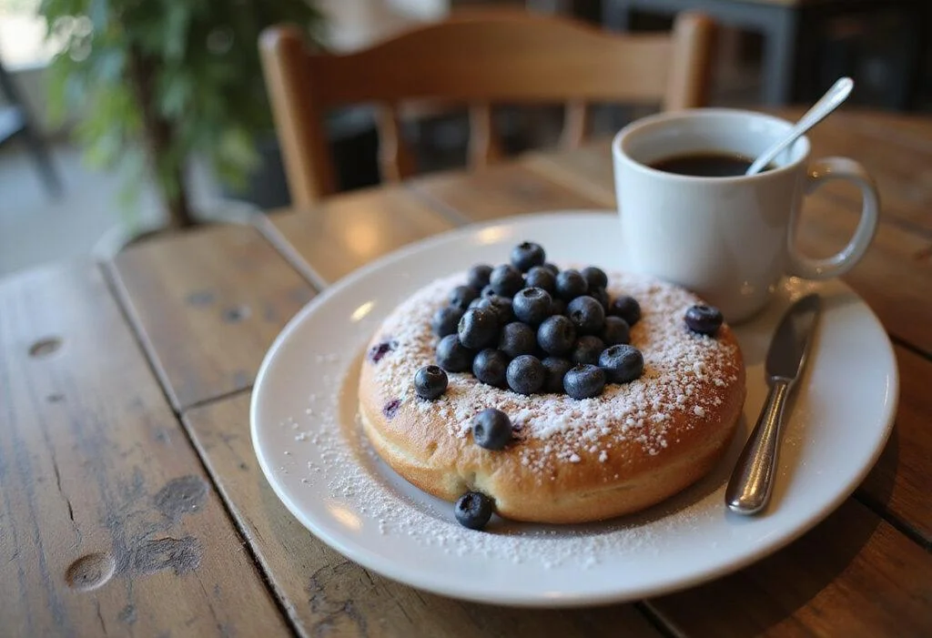 Delicious blueberry bagel served on a wooden table, visually appealing and ready to enjoy, with attention to blueberry bagel calories.