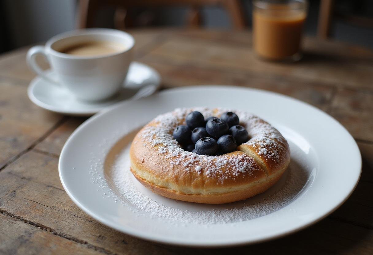Delicious blueberry bagel served on a wooden table, visually appealing and ready to enjoy, with attention to blueberry bagel calories.